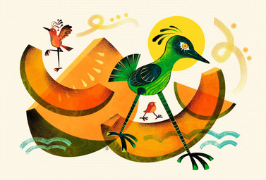 ambiguous_gender cantaloupe feathered_wings feathers feral food fruit green_body group melon orange_body plant solo_focus spread_wings trio walking white_sclera wings yellow_eyes dominique_ramsey avian bird absurd_res hi_res