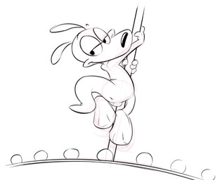 anthro anus backsack balls butt dancing eyebrows feet half-closed_eyes looking_at_viewer looking_back male narrowed_eyes nude pole pole_dancing raised_eyebrow simple_background smile solo stage ishoka nickelodeon rocko's_modern_life rocko_rama macropod mammal marsupial wallaby monochrome sketch