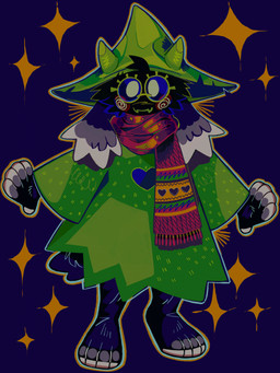 2_horns anthro black_body black_fur clothed clothed_anthro clothing eyewear fully_clothed fully_clothed_anthro fur glasses green_clothing green_hat green_headwear green_robe hat headgear headwear heart_clothing heart_symbol horn male robe scarf wizard_hat inssectoid deltarune undertale_(series) ralsei bovid caprine goat mammal full-length_portrait hi_res portrait