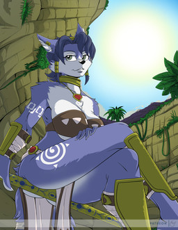 anthro armor biped black_nose blue_body blue_eyebrows blue_fur blue_hair blue_tail bottomwear bra breasts brown_bra brown_clothing brown_underwear butt chest_tuft cleavage clothed clothing crossed_legs day detailed_background ear_piercing eyebrows female fingers front_view fur greaves green_eyes grey_eyes hair hand_on_leg hand_on_thigh jewelry loincloth looking_at_viewer multicolored_body multicolored_fur necklace outside piercing short_hair sitting sky solo staff sun tail tuft two_tone_body two_tone_fur under_boob underwear vambrace white_body white_bottomwear white_clothing white_fur yawg nintendo star_fox krystal_(star_fox) canid canine fox mammal 2020 digital_media_(artwork) hi_res