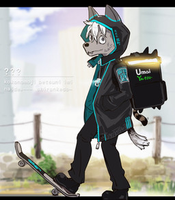 backpack clothed clothing cloud cute_fangs fangs fence fur grey_body grey_eyes grey_fur hair jewelry looking_at_viewer male necklace skateboard solo teeth vehicle white_hair irodori canid canine canis mammal 2021 character_request digital_media_(artwork) hi_res