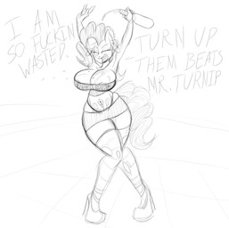anthro anthrofied big_breasts biped bottle bottomwear breasts cleavage clothed clothing container dialogue drunk eyes_closed eyeshadow female footwear hair high_heels legwear lipstick makeup miniskirt nipples panties piercing shoes skirt solo stockings substance_intoxication tattoo text thong underwear jrvanesbroek friendship_is_magic hasbro my_little_pony pinkie_pie_(mlp) earth_pony equid equine horse mammal pony 2014 black_and_white digital_drawing_(artwork) digital_media_(artwork) english_text hi_res monochrome sketch