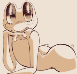 anthro big_butt blush blush_stickers bow_tie butt eyelashes female half-closed_eyes looking_at_viewer lying narrowed_eyes on_front open_mouth open_smile smile solo noirchaton4 glitch_productions the_amazing_digital_circus ribbit_(tadc) amphibian frog monochrome