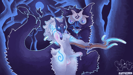 anthro balls bodily_fluids crossgender duo erection ftm_crossgender fur fur_markings genital_fluids genitals hair male markings mask penis precum wearing_mask white_body white_fur white_hair puppywizardd league_of_legends riot_games tencent kindred_(lol) lamb_(lol) wolf_(lol) bovid canid canine canis caprine mammal sheep wolf hi_res