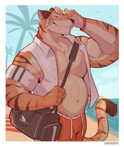 armband bag beach_background bracelet clothed clothing eyewear eyewear_on_head jewelry looking_at_viewer male open_clothing open_topwear open_vest slightly_chubby slightly_chubby_male solo sunglasses sunglasses_on_head tail topwear vest wolfanine felid feline mammal pantherine tiger absurd_res hi_res