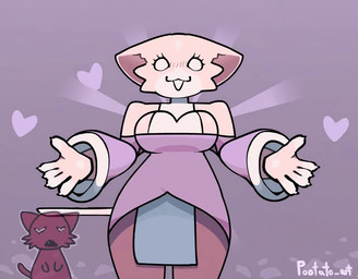 :3 ambiguous_feral ambiguous_gender anthro blush blush_lines bouncing_breasts breasts cheek_tuft claws cleavage clothed clothing cross_(marking) duo eyelashes facial_tuft female female_anthro feral fingerpads fur handpaw heart_eyes heart_symbol medium_breasts multicolored_body multicolored_fur open_mouth open_smile pawpads paws pink_body pink_fur purple_clothing shoulderless_shirt smile solo spread_arms tail tail_motion tailwag tuft white_body white_clothing white_eyes white_fur pootato mewgenics marshmallow_(mewgenics) domestic_cat felid feline felis mammal 2026 2d_animation animated digital_media_(artwork) loop motion_tweening no_sound short_playtime video
