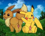 2018 5:4 balls big_balls brown_body brown_fur butt canid canine digital_media_(artwork) duo eevee erection feral fur generation_1_pokemon genitals knot looking_at_viewer male mammal nintendo open_mouth partner_eevee partner_pikachu penis pikachu pokemon pokemon:_let's_go pokemon_(species) presenting raised_tail rodent smile tail yellow_body yellow_fur zeklullaby