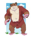 anthro bashful bathrobe bathrobe_only border clothing cloud embarrassed feet grass grin looking_at_viewer male manly musclegut muscular navel nipples open_bathrobe pecs plant red_bathrobe red_clothing red_robe robe slightly_chubby smile solo standing white_border hamsterinboxers cricetid hamster mammal rodent 2023 absurd_res hi_res