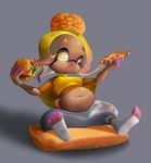 belly big_belly blonde_hair breasts burger clothing female food grey_background hair overweight pizza simple_background sitting solo stuffing yellow_clothing yellow_eyes malachi21148 nintendo splatoon frye_(splatoon) humanoid 2024 absurd_res hi_res