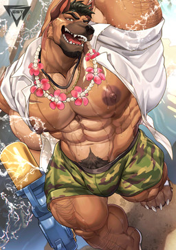 4_toes abs anthro areola beard biped black_beard black_eyebrows black_facial_hair black_hair black_jewelry black_necklace black_nose body_hair bottomwear brown_body brown_ears brown_fur brown_pubes bulge camo camo_bottomwear camo_clothing camo_print camo_shorts cheek_tuft chest_hair claws clothed clothed_anthro clothed_male clothing collared_shirt eyebrows facial_hair facial_tuft fangs feet flower_necklace footwear fur glistening glistening_body gold_(metal) gold_jewelry gold_necklace green_eyes hair hand_behind_head holding_object holding_toy holding_toy_gun jewelry logo looking_at_viewer male male_anthro multicolored_body multicolored_fur muscular muscular_anthro muscular_male necklace nipples open_clothing open_mouth open_shirt open_topwear orange_body orange_fur pattern_bottomwear pattern_clothing pattern_shorts pecs pink_inner_ear pointy_ears prick_ears pubes sand shirt shoes shorts solo teeth toe_claws toes tongue topwear toy toy_gun tuft water wet wet_body wet_fur white_claws white_clothing white_shirt white_topwear estper xxl_woofia saeng canid canine canis dobermann domestic_dog mammal pinscher 2026 absurd_res artist_logo digital_media_(artwork) hi_res
