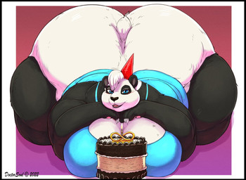 anthro big_breasts big_butt biped blue_eyes breasts butt cake cleavage clothed clothing dessert female female_anthro food hat headgear headwear huge_breasts huge_butt hyper hyper_butt morbidly_obese obese overweight partially_clothed party_hat scut_tail short_tail solo tail year doctorsoul gillpanda_(character) bear giant_panda mammal 2022 colored digital_media_(artwork) signature