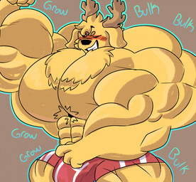 anthro big_bulge big_muscles blush boxer_briefs boxer_briefs_only bulge chest_tuft clothed clothing flexing growth huge_muscles hyper hyper_muscles male muscle_growth muscular muscular_male onomatopoeia simple_background sound_effects text topless tuft underwear underwear_only atbuhhh deer mammal hi_res