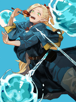 accessory attack belt belt_buckle bent_arm bent_legs biped blonde_hair blue_background blue_capelet blue_clothing blue_dress bottomwear buckle capelet choker chopsticks clothed clothing collarbone dress eating eating_food eyebrows female flowing_hair food gesture green_eyes grey_bottomwear grey_clothing grey_pants grimoire hair hair_accessory hair_ribbon hand_gesture holding_chopsticks holding_object humanoid_pointy_ears jewelry light_body light_skin long_hair looking_up necklace open_mouth pants pointy_ears pose ranged_weapon red_ribbon ribbons scared simple_background solo standing stitch_(sewing) teeth thin_eyebrows tongue weapon edo_mond delicious_in_dungeon marcille_donato elf humanoid undine 2024 colored digital_drawing_(artwork) digital_media_(artwork) digital_painting_(artwork) hi_res painting_(artwork) portrait shaded signature three-quarter_portrait
