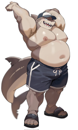 anthro biped bottomwear clothed clothed_anthro clothed_male clothing footwear male musclegut muscular muscular_male navel nipples sandals shark_fin shark_tail shark_teeth shoes shorts simple_background solo topless topless_anthro topless_male white_background 29_hg1106 aquatic fish shark hi_res