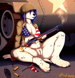4_toes 5_fingers american_flag american_flag_bikini anthro armor armored_vehicle barefoot bikini bikini_top biped black_vulva blue_hair bottomless breasts bullet cleavage clitoris clothed clothing detailed_background explosives feet female fingers flag flag_bikini flag_clothing flag_print flag_swimwear fur genitals grenade gun hair headgear helmet holding_gun holding_object holding_ranged_weapon holding_weapon humanoid_genitalia humanoid_vulva looking_at_viewer multicolored_vulva navel print_bikini print_clothing print_swimwear ranged_weapon red_eyes shotgun sitting smile solo spread_legs spreading swimwear tank_(vehicle) toes tracked_vehicle two-piece_swimsuit two_tone_vulva united_states_of_america vehicle vulva weapon white_body white_fur world_war_2 black-husky m18_hellcat u.s._army rebecca_(black-husky) canid canine canis dalmatian domestic_dog mammal 2019 digital_media_(artwork) hi_res