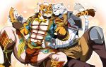 abs anthro biceps big_muscles blue_eyes clothing countershading duo fur kemono male muscular muscular_male pecs stripes white_body white_fur bearlovestiger13 grimoire_of_zero nekojishi studio_klondike lin_hu mercenary_(grimoire_of_zero) felid mammal pantherine tiger 2018