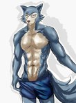 abs anthro bottomwear clothed clothing fur looking_at_viewer male muscular muscular_anthro muscular_male navel partially_clothed pecs scar shorts solo topless underwear majinjin23 beastars legoshi_(beastars) canid canine canis mammal wolf 2022 hi_res portrait three-quarter_portrait