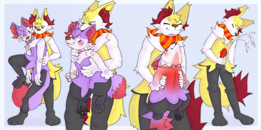 anthro atm_transformation bodily_fluids body_part_transformation border bow_tie cock_transformation cum cumshot ejaculation female four_frame_sequence fur gender_transformation genital_fluids genitals itm_transformation male male/female male/male merging pawpads penis purple_body purple_eyes purple_fur transformation transformation_sequence white_border katsergay nintendo pokemon braixen canid canine generation_6_pokemon mammal pokemon_(species) shiny_pokemon hi_res