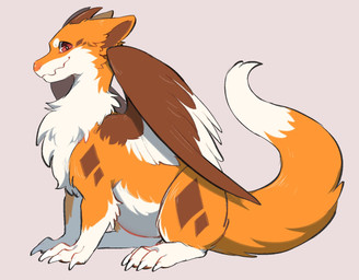 ambiguous_gender brown_horn brown_inner_ear_fluff brown_markings brown_wings claws countershading dipstick_tail facial_markings feathered_wings feathers feral fluffy fluffy_tail fur head_markings horn inner_ear_fluff markings orange_body orange_ears orange_fur orange_tail pointy_ears prick_ears quadruped red_eyes simple_background solo tail tail_markings tapering_tail tuft two_tone_wings white_body white_fur white_tail_tip white_wings wings tsukune_minaga mythology kitsuneinu_dragon canid canine canis chimera domestic_dog dragon furred_dragon furred_scalie mammal mythological_creature mythological_scalie scalie winged_dragon 2026 digital_media_(artwork) hi_res