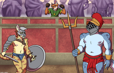 adolescent ancient_rome anthro areola armor athletic athletic_anthro athletic_male being_watched bottomwear cheering clothed clothed_anthro clothed_male clothing colosseum crowd detailed_background fully_clothed fully_clothed_anthro fully_clothed_male gladiator gladius group headgear helmet history holding_object holding_weapon imminent_fight inner_ear_fluff jewelry large_group loincloth looking_at_another male melee_weapon musclegut muscular muscular_anthro muscular_male navel nipples nonsexualized_young pendant pink_areola polearm roman round_shield shield shirtless_anthro shirtless_male size_difference skimpy smile sword topless topless_anthro topless_male trident trio trio_focus tuft warrior weapon young young_anthro young_male cxeroannuki aquatic domestic_cat felid feline felis fish mammal shark 2025 absurd_res hi_res