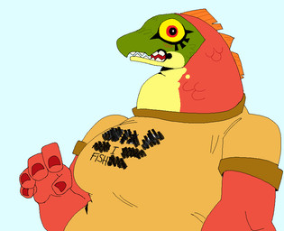 5_fingers anthro breasts bright_colors clothed clothed_anthro clothed_female clothing female female_anthro fin fingernails fingers front_view green_body green_scales multicolored_body multicolored_scales nails non-mammal_breasts open_mouth orange_fin red_body red_scales scales shirt simple_background solo teeth text text_on_clothing text_on_shirt text_on_topwear topwear yellow_sclera titanogoro olympia_(titanogoro) aquatic fish salmon salmonid_(fish) 2025 digital_drawing_(artwork) digital_media_(artwork) half-length_portrait portrait