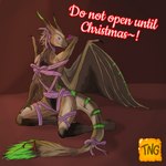 anthro bell breasts brown_body brown_fur female fur gift_wrapped green_body green_fur heart_symbol holidays jingle_bell medium_breasts membrane_(anatomy) membranous_wings ribbons solo tail teasing text wings the_nameless_guy christmas european_mythology mythology salvatrix dragon furred_dragon furred_scalie mythological_creature mythological_scalie reptile scalie western_dragon 1:1 hi_res