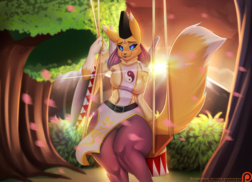 anthro belt black_nose black_sclera blue_eyes breasts clothed clothing female fur headdress petals plant rope smile solo sun swing text thick_thighs tree wide_hips wood yellow_body yellow_fur doomthewolf bandai_namco digimon canid canine digimon_(species) mammal taomon 2016 digital_media_(artwork) hi_res url