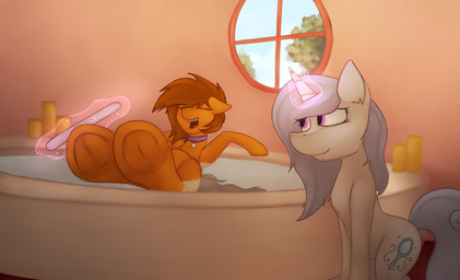 bath bathtub braces collar crossed_legs cutie_mark duo eyes_closed female feral hooves horn inside magic partially_submerged pedicure plant purple_eyes smile tree underhoof water window marsminer hasbro my_little_pony mythology fan_character venus_spring earth_pony equid equine horse mammal mythological_creature mythological_equine pony unicorn 2016 absurd_res hi_res