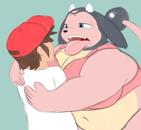 5_fingers after_kiss anthro belly blue_eyes bodily_fluids bra breasts clothed clothing drooling duo female fingers hair headgear headwear horn human_on_anthro interspecies male male/female narrowed_eyes navel pink_tongue pupils red_clothing red_headwear saliva saliva_on_tongue saliva_string shirt teeth tongue tongue_out topwear underwear weight_difference white_clothing white_shirt white_topwear dirtywater nintendo pokemon generation_2_pokemon human mammal miltank pokemon_(species) absurd_res hi_res
