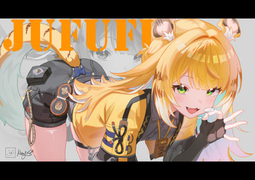 animal_ears belt black_clothing blonde_hair clothed clothing female fluffy green_eyes hair jacket looking_at_viewer open_clothing open_jacket open_mouth open_topwear orange_hair solo striped_hair tail topwear white_hair kampswe_galong mihoyo zenless_zone_zero ju_fufu animal_humanoid felid felid_humanoid humanoid mammal mammal_humanoid pantherine pantherine_humanoid thiren tiger_humanoid absurd_res hi_res