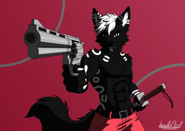 anthro gun katana male melee_weapon ranged_weapon simple_background solo sword tail weapon landofloof lando_(landofloof) canid canine canis felid feline hybrid mammal pantherine snow_leopard wolf hi_res