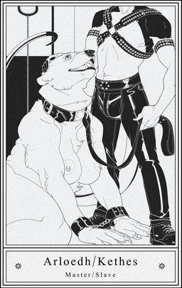 anthro big_breasts black_border border breasts chain chaps clothing collar cuff_(restraint) dominant dominant_anthro dominant_male duo female female_focus harness headpat leash leashed_collar leather leather_clothing leather_cuffs leather_harness male master nipple_piercing nipple_ring nipples petting piercing restraints ring_piercing shackles slave solo_focus submissive submissive_anthro submissive_female heskynn bear cave_bear compsognathid compsognathus dinosaur mammal prehistoric_species reptile scalie theropod ursine monochrome