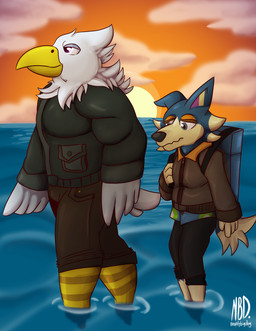 clothing male sea size_difference sunset walking water naughtybigdog animal_crossing nintendo apollo_(animal_crossing) wolfgang_(animal_crossing) accipitrid accipitriform avian bald_eagle bird canid canine canis eagle mammal sea_eagle wolf absurd_res hi_res