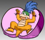 anthro arms_tied bdsm belly blue_hair blush blush_lines bondage bound cushion embarrassed fangs hair legs_tied male slightly_chubby solo spread_legs spreading tail teeth zipper terrykoopa mario_bros nintendo koopaling larry_koopa koopa scalie