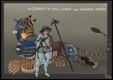 anthro armor black_border border claws clothing duo female feral fur hair hat headgear headwear magic_user maolin_(gamal) markings pawpads plate_armor red_hair scabbard spots spotted_body spotted_fur striped_body striped_fur stripes wizard_hat gamal mythology warhammer_(franchise) warhammer_fantasy yvsolda_(gamal) avian demigryph felid gryphon hybrid mammal mythological_avian mythological_creature pantherine snow_leopard tiger hi_res