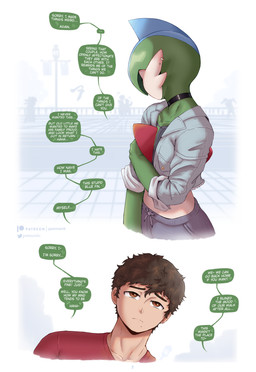 brown_eyes brown_hair clothed clothing conjoined_speech_bubble dialogue eyebrows femboy front_view green_body hair linked_speech_bubble male markings mole_(marking) mole_under_mouth speech_bubble text gammainks nintendo pokemon finn_(gammainks) roy_(gammainks) gallade generation_4_pokemon generation_6_pokemon honedge human humanoid mammal pokemon_(species) 2025 absurd_res artist_name comic digital_media_(artwork) english_text hi_res