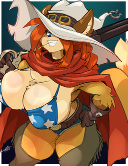 american_flag anthro big_breasts bikini bikini_top blue_eyes bottomwear breasts clothed clothing daisy_dukes denim denim_bottomwear denim_clothing denim_shorts eyewear female fingers flag_bikini fur gloves goggles gun hair handwear hat headgear headwear hotpants huge_breasts long_hair orange_hair ranged_weapon shorts solo standing swimwear tan_body tan_fur thick_thighs toothpick two-piece_swimsuit united_states_of_america weapon witch_hat chalo las_lindas ann_gustave canid canine fox mammal 2025 hi_res portrait signature three-quarter_portrait