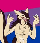 black_eyes black_hair chest_tuft claws fluffy fur fur_markings gender_symbol hair long_tail male male_symbol markings multicolored_body multicolored_fur nude open_mouth solo symbol tail teeth_showing tongue tongue_out tuft budakurosawa james_flynn sergal 2019 bust_portrait portrait