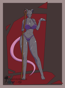 anthro big_breasts blind_eye bra breasts cleavage clothed clothing female feral fur gem grey_body grey_fur holding_animal holding_object holding_staff huge_breasts jewelry lingerie looking_at_another looking_down panties pink_tail purple_bra purple_clothing purple_lingerie purple_panties purple_underwear rat_tail red_background red_eyes robe scar simple_background solo staff tail thick_thighs underwear zaraunitymasters rat_queen_(zaraunitymasters) mammal murid murine rat rodent hi_res