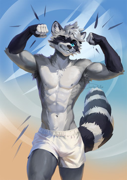 anthro armpit_hair blue_eyes body_hair bottomwear clothed clothing facial_markings flexing flexing_bicep flexing_both_biceps head_markings male male_anthro markings mask_(marking) one_eye_closed ring_(marking) ringed_tail shorts shorts_only solo standing striped_markings striped_tail stripes tail tail_markings text topless white_bottomwear white_clothing white_shorts shadowtails lucas_(oonracc) mammal procyonid raccoon artist_name hi_res