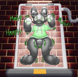 anthro biped black_body bottomless brick brick_wall bulge chastity_bulge chastity_device clothed clothing drone green_clothing green_eyes green_hoodie green_topwear hoodie latex male null_bulge open_mouth open_smile smile struggling text toony topwear vacuum_bed wall_(structure) tuckerboo lagomorph leporid mammal rabbit 2025 digital_media_(artwork) english_text hi_res story story_in_description