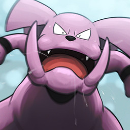 ambiguous_anthro ambiguous_gender anthro biped black_nose blue_background bodily_fluids fangs fur looking_at_viewer motion_blur open_mouth pink_tongue purple_body purple_ears purple_fur saliva semi-anthro simple_background solo spitting spread_legs spreading standing sweat sweaty_face teeth tongue tusks wide_eyed spicyichizo nintendo pokemon canid canine generation_2_pokemon granbull mammal pokemon_(species) 1:1 2025 absurd_res hi_res