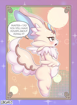 anthro biped black_nose blush cheek_tuft countershade_face countershade_fur countershade_tail countershade_torso countershading dialogue eyebrows facial_tuft female fur inner_ear_fluff navel neck_tuft nude open_mouth shortstack solo speech_bubble tail tan_body tan_fur text tongue tuft white_body white_countershading white_fur ultama_lokshar yu-gi-oh! purrely 2026 alternate_version_at_paywall english_text hi_res