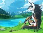 anthro bottomwear chair clothing detailed_background furniture grass_field knife lake loincloth looking_at_viewer male melee_weapon mountain on_chair outside polearm sitting sky spear weapon kluclew kaku_(kluclew) sergal