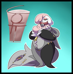 anthro bell bell_collar black_border border clothing collar duo female gradient_background looking_at_viewer simple_background smile suit teeth zipper unik chikn_nuggit cofi_(chikn_nuggit) bovid caprine mammal mimic sheep