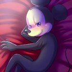 anthro bed black_body black_fur blue_eyes blush fur furniture looking_at_viewer male on_bed solo silberhoernchen disney mickey_mouse mammal mouse murid murine rodent 1:1 unavailable_at_source