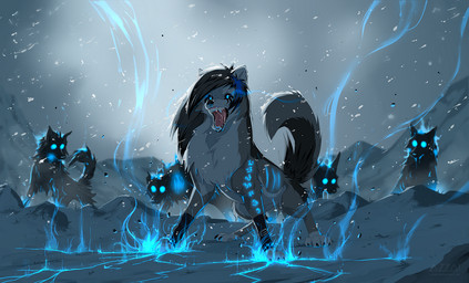 ambiguous_gender bangs black_body black_fur black_hair black_nose black_sclera blue_eyes blue_markings bodily_fluids fangs female feral feral_with_hair fur glowing glowing_eyes glowing_markings grey_body grey_fur group hair ice long_hair looking_at_viewer magic markings open_mouth outside saliva saliva_string snow snowing standing tail teeth azzai canid canine canis mammal wolf 2019 colored digital_drawing_(artwork) digital_media_(artwork) shaded