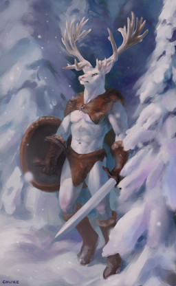 abs albino anthro antlers boots bottomwear clothed clothing day detailed_background footwear fur gloves handwear holding_melee_weapon holding_object holding_sword holding_weapon horn loincloth male melee_weapon muscular muscular_anthro muscular_male navel outside pecs plant red_eyes shield shoes snow solo standing sword tree weapon white_body white_fur chunie deer mammal 2017 adobe_photoshop_(artwork) digital_media_(artwork) digital_painting_(artwork) hi_res painting_(artwork)