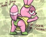 anthro brown_nose butt clothing eyelashes female footwear fur hair half-closed_eyes looking_at_viewer narrowed_eyes open_mouth panties pink_body pink_eyes pink_fur ponytail question_mark raised_tail shoes solo tail teeth text tongue underwear young young_anthro pokehidden cartoon_network chowder_(series) chowder panini_(chowder) lagomorph leporid mammal rabbit 5:4 portuguese_text signature translated