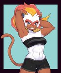 2023 5:6 abs anthro artkett1412 bandeau black_bottomwear black_clothing black_shorts bottomwear clothed clothing female fire generation_4_pokemon hands_behind_head hi_res infernape looking_at_viewer nintendo pokemon pokemon_(species) shorts simple_background smile smiling_at_viewer solo tail topwear